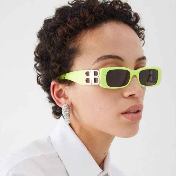 NEW Balenciaga BB0096S 008 Yellow Silver Logo Grey Rectangle Unisex Sunglasses - Picture 12 of 14